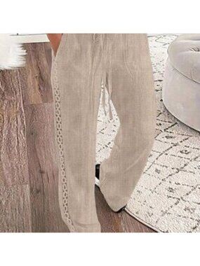 Khaki Casual Women's Side Lace Solid Denim Effect Long Pants